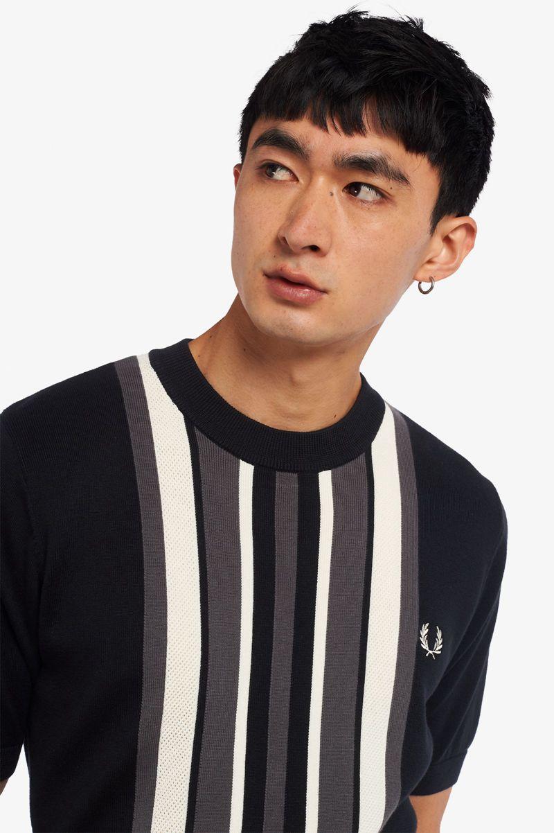 Black Fred Perry Striped Knitted Men's T Shirts | PH 1774PJJQ